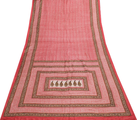 Sushila Vintage Red Indian Saree  Pure Silk Printed Paisley Soft Craft Fabric