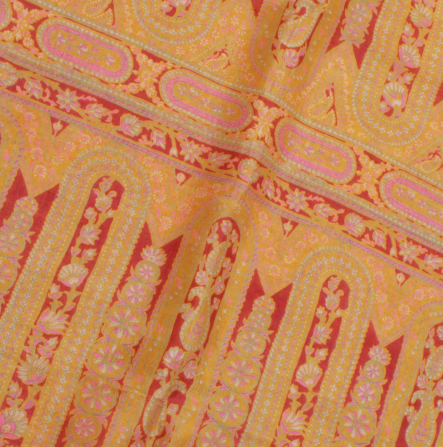 Sushila Vintage Yellow Saree 100% Pure Silk Printed Floral Soft Craft Fabric