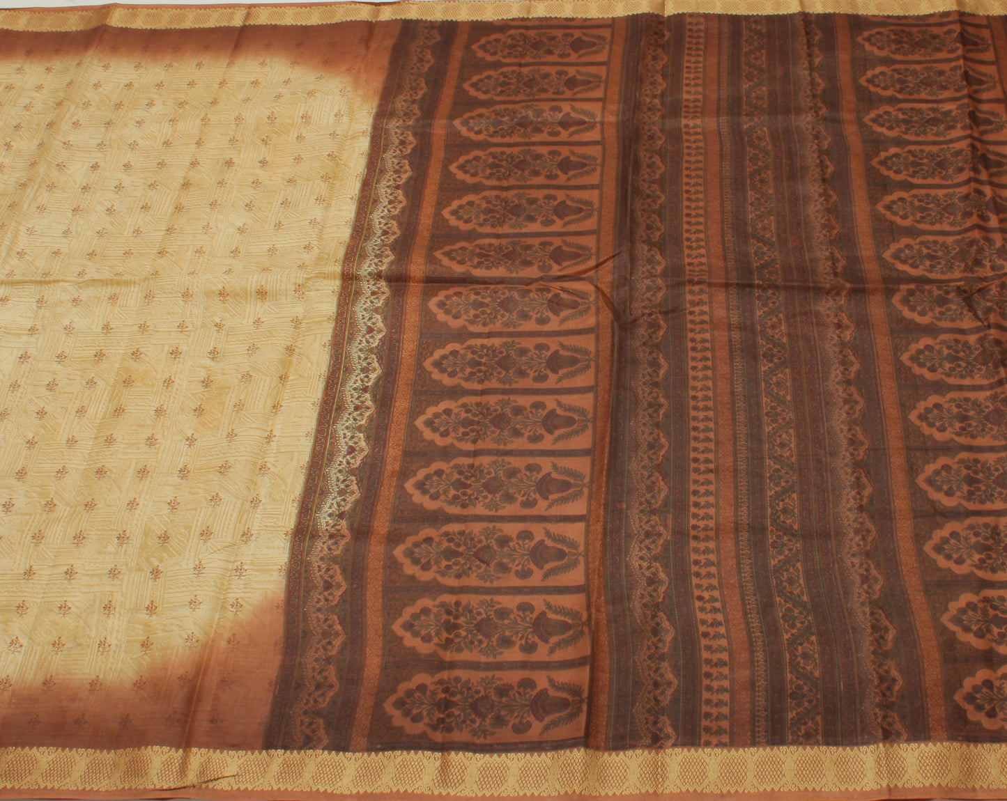 Sushila Vintage Cream Indian Saree 100% Pure Silk Printed Floral Craft Fabric