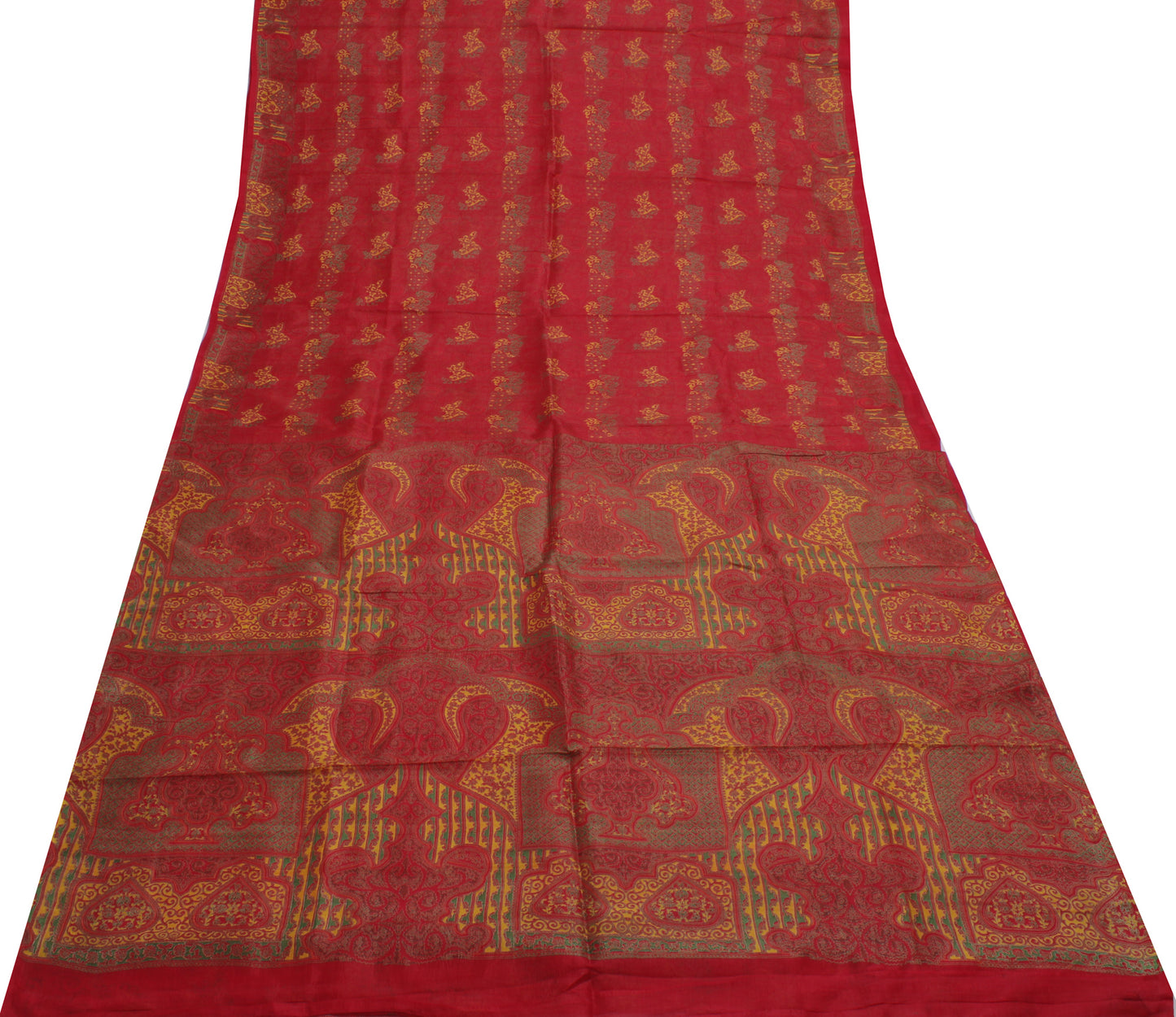 Sushila Vintage Red Indian Saree 100% Pure Silk Printed Soft Craft 5 Yard Fabric