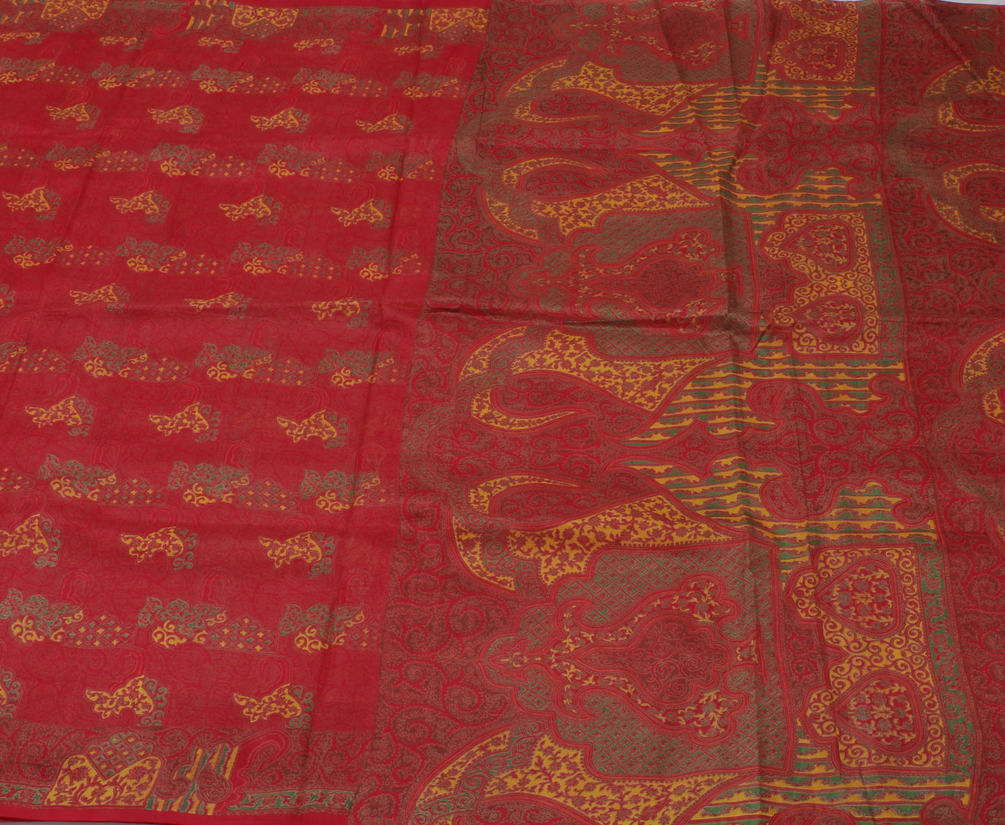 Sushila Vintage Red Indian Saree 100% Pure Silk Printed Soft Craft 5 Yard Fabric