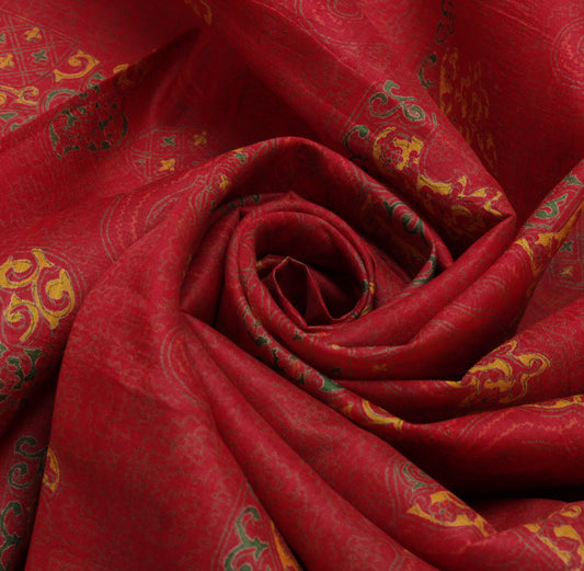 Sushila Vintage Red Indian Saree 100% Pure Silk Printed Soft Craft 5 Yard Fabric