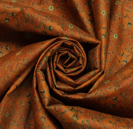 Sushila Vintage Brown Saree 100% Pure Silk Printed Floral Soft Craft Fabric