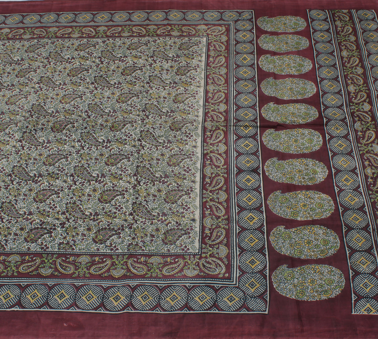 Sushila Vintage Cream Saree 100% Pure Silk Printed Paisley Soft Craft Fabric