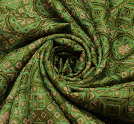 Sushila Vintage Green Indian Saree 100% Pure Silk Printed Soft Craft Fabric