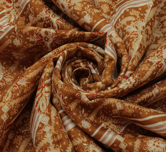 Sushila Vintage Brown Saree 100% Pure Silk Printed Floral Soft Craft Fabric