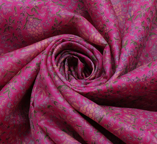 Sushila Vintage Magenta Saree 100% Pure Silk Printed Floral Soft Craft Fabric