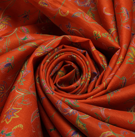 Sushila Vintage Orange Saree 100% Pure Silk Printed Floral Soft Craft Fabric