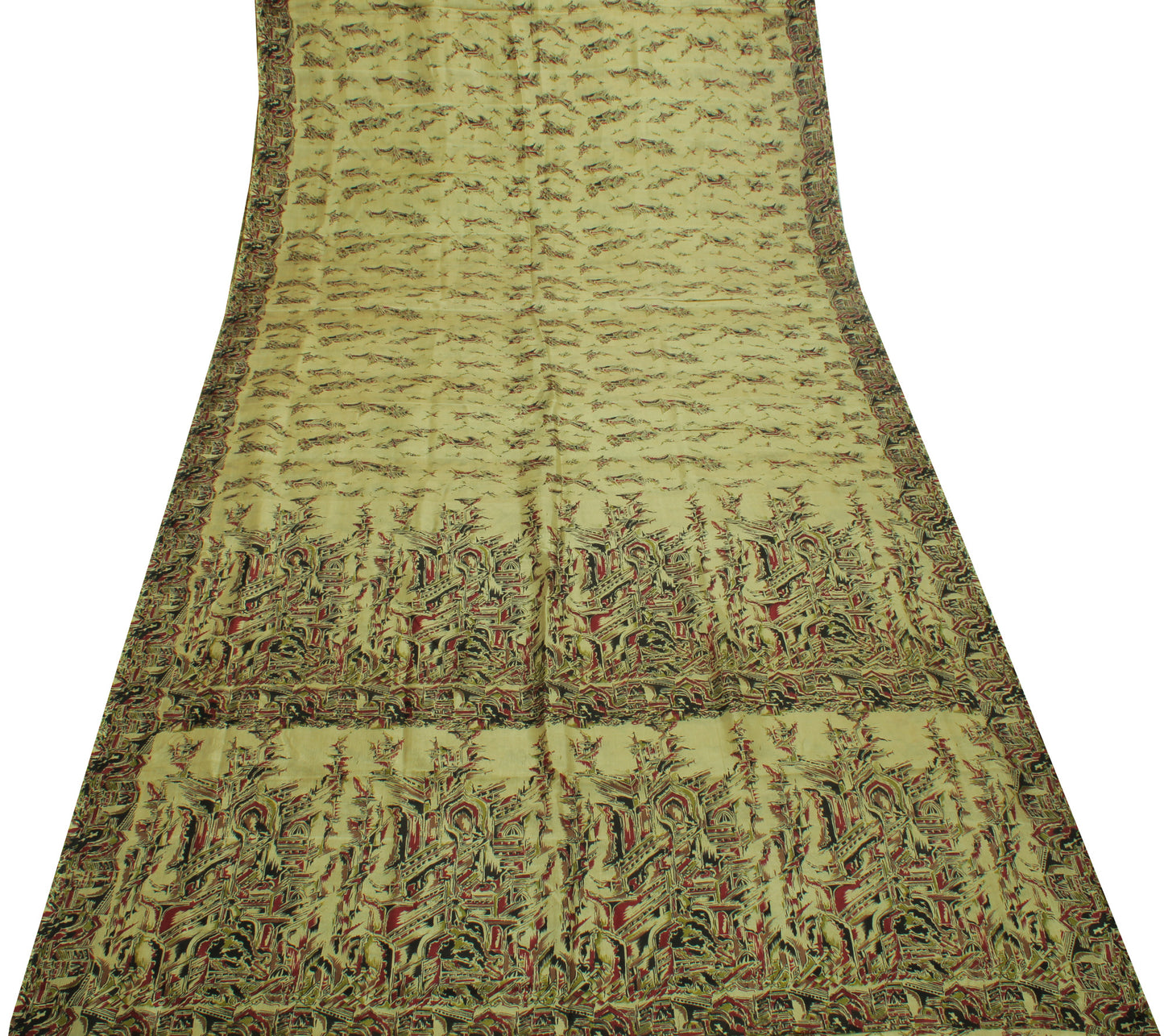 Sushila Vintage Olive Green Saree Pure Silk Printed Soft Craft 5 Yard Fabric