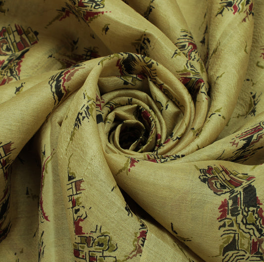 Sushila Vintage Olive Green Saree Pure Silk Printed Soft Craft 5 Yard Fabric