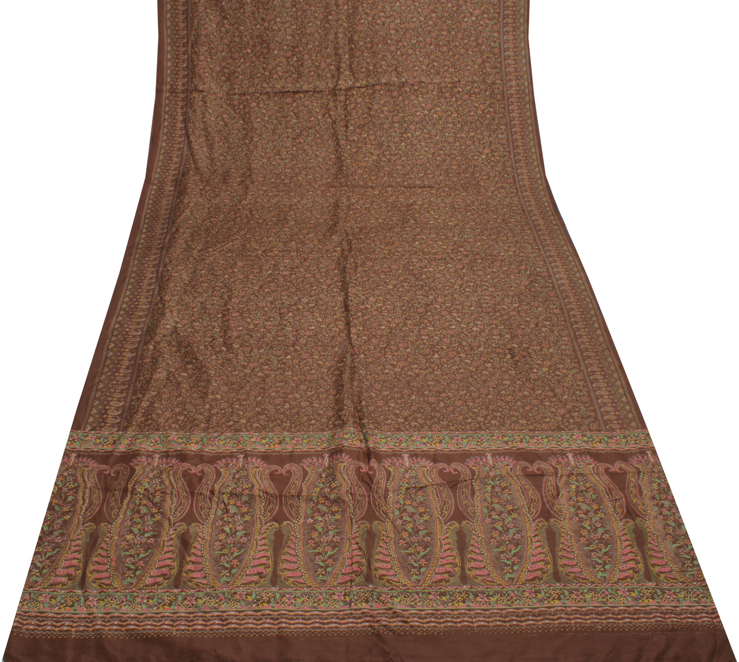 Sushila Vintage Brown Saree 100% Pure Silk Printed Floral Soft Craft Sari Fabric