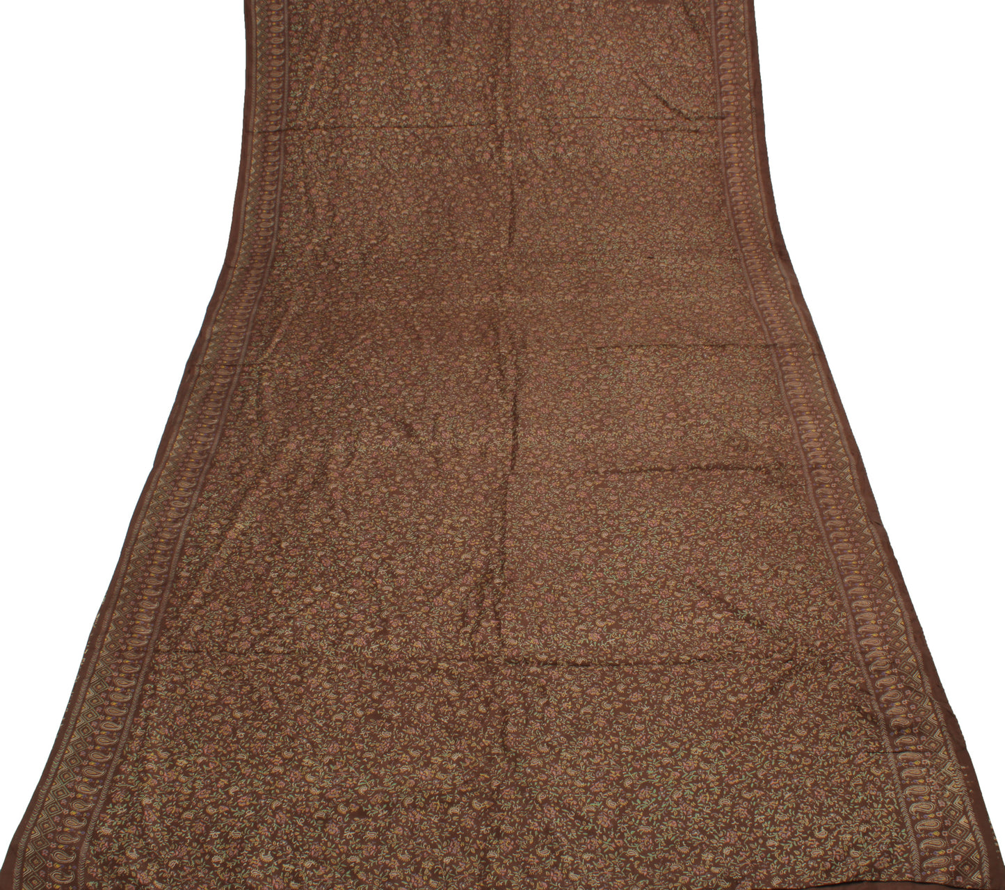 Sushila Vintage Brown Saree 100% Pure Silk Printed Floral Soft Craft Sari Fabric