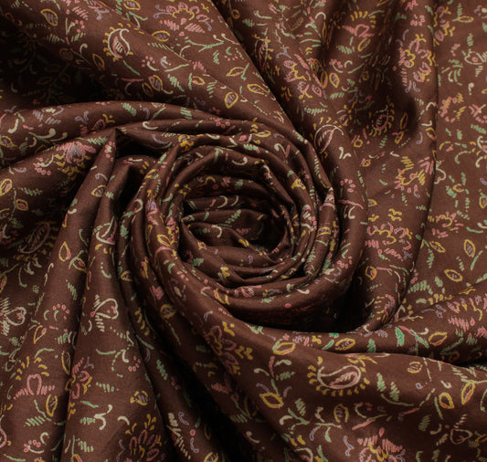 Sushila Vintage Brown Saree 100% Pure Silk Printed Floral Soft Craft Sari Fabric