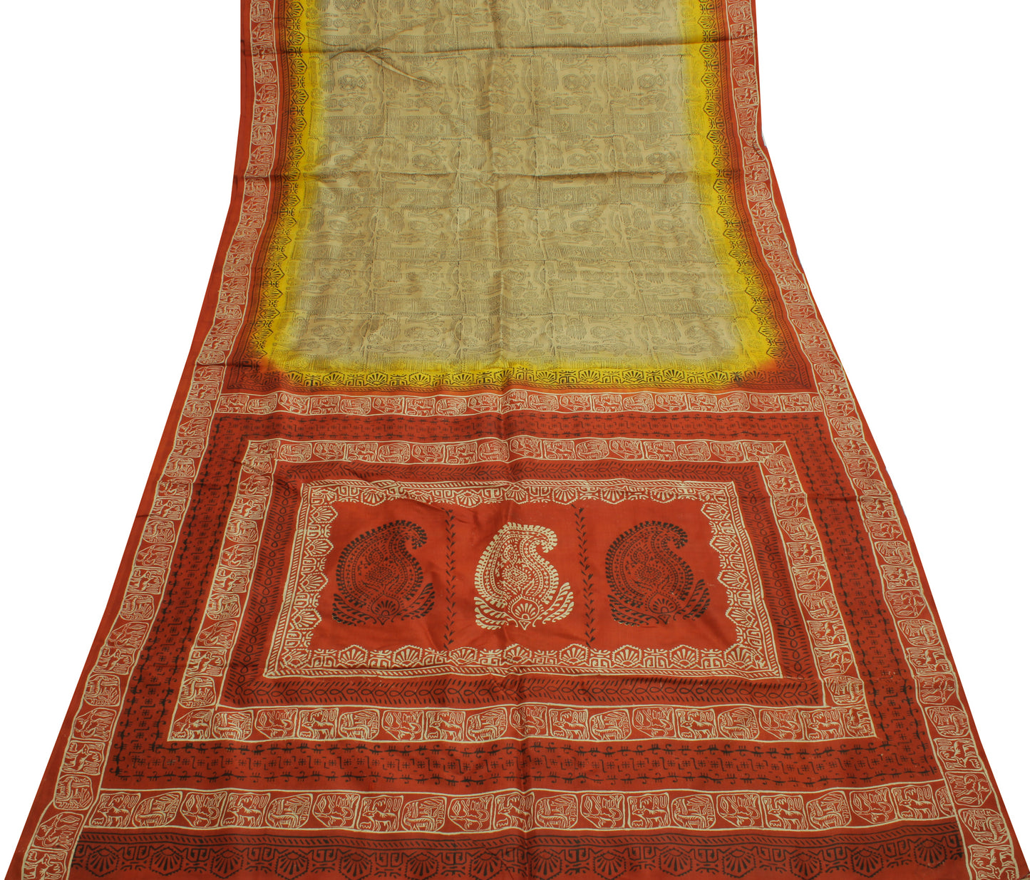 Sushila Vintage :Light Brown Saree 100% Pure Silk Printed Soft Craft Sari Fabric