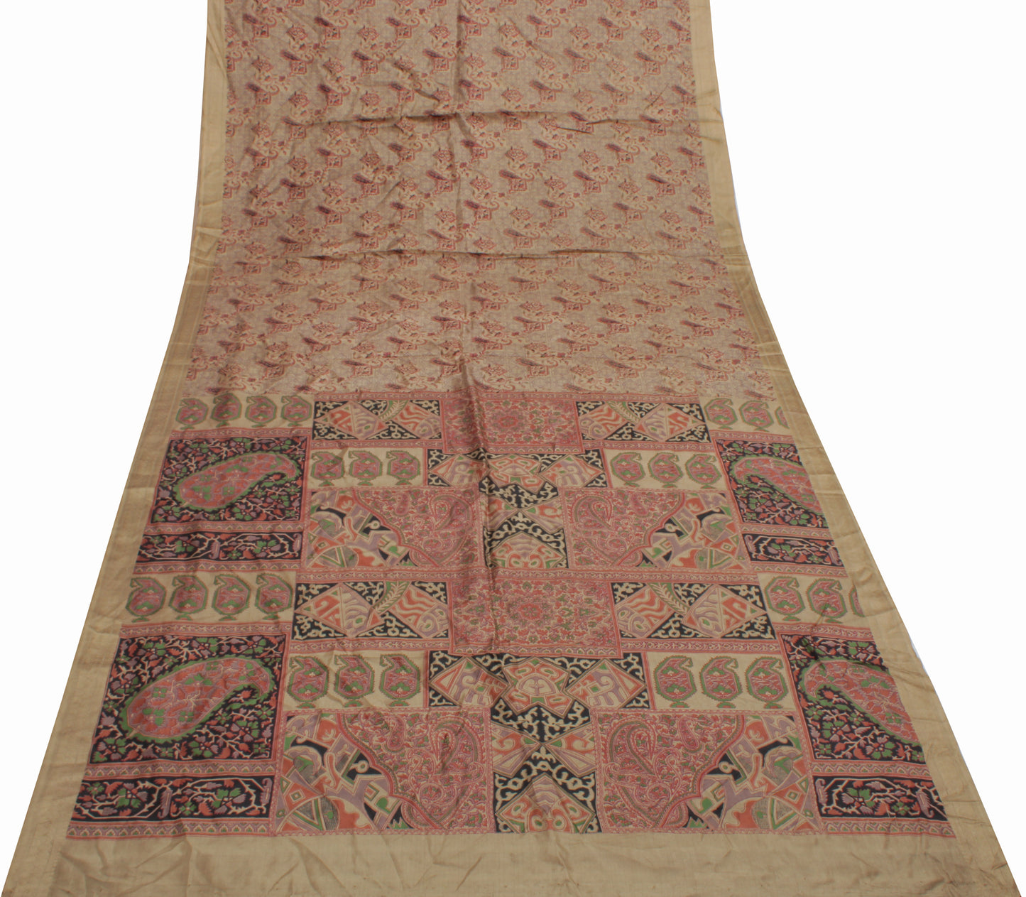 Sushila Vintage Brown Saree 100% Pure Silk Printed Paisley Soft Craft Fabric