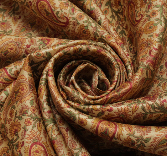 Sushila Vintage Cream Saree Blend Silk Printed Paisley Soft Craft 5 Yard Fabric