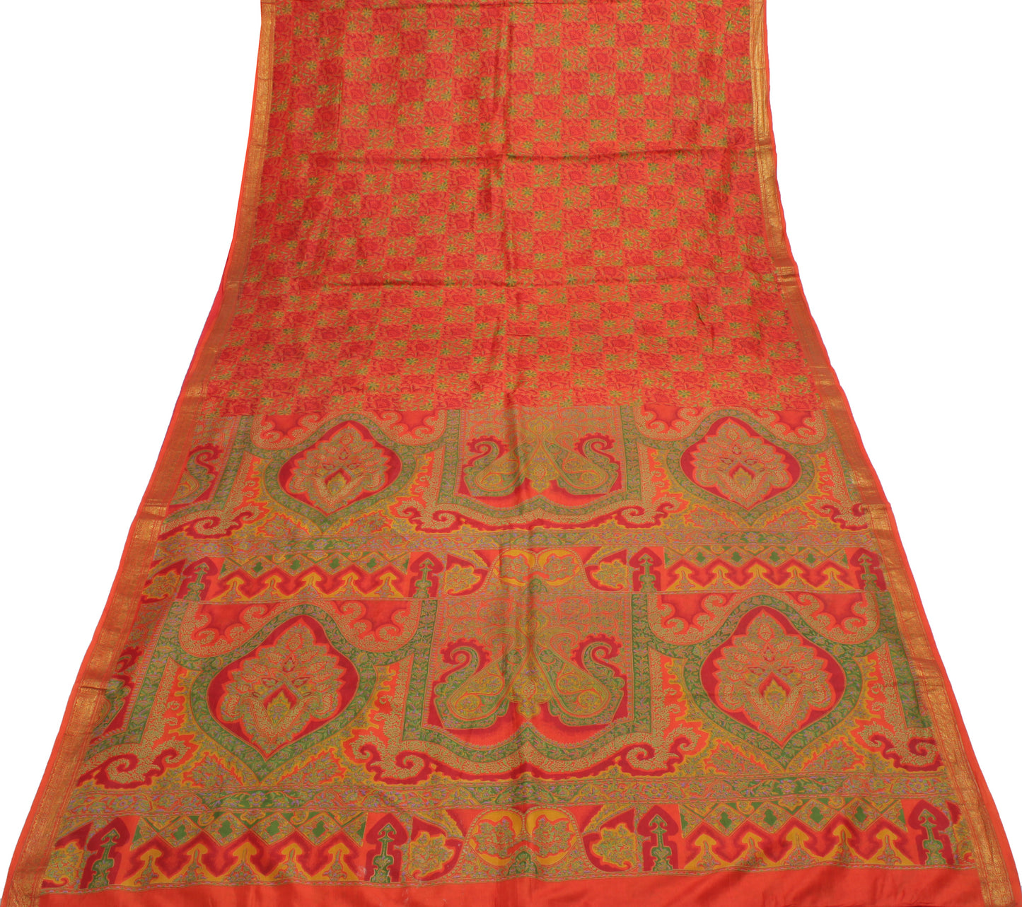 Sushila Vintage Orange Saree 100% Pure Silk Printed Floral Soft Craft Fabric