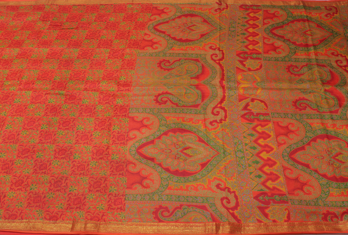 Sushila Vintage Orange Saree 100% Pure Silk Printed Floral Soft Craft Fabric