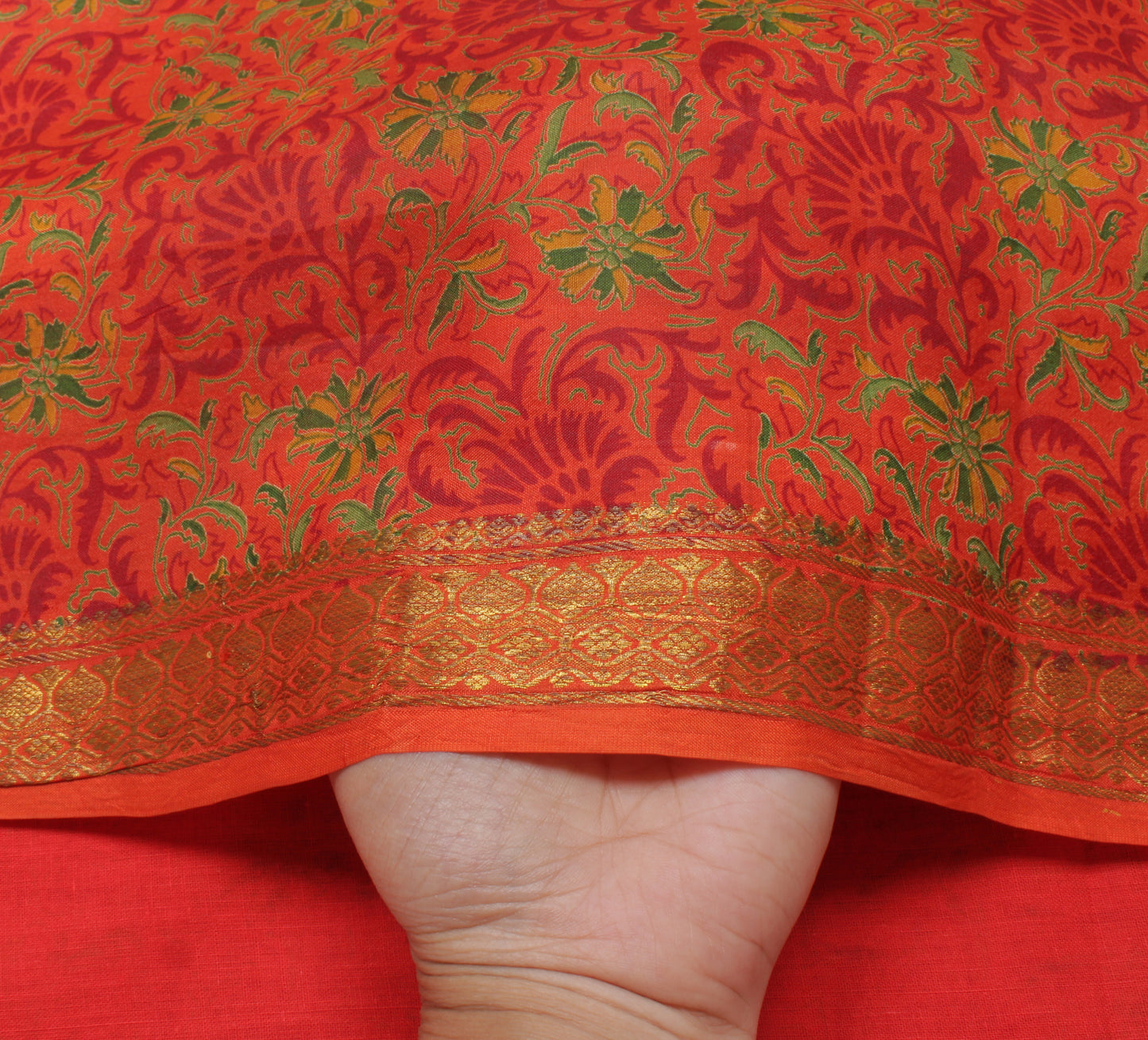 Sushila Vintage Orange Saree 100% Pure Silk Printed Floral Soft Craft Fabric