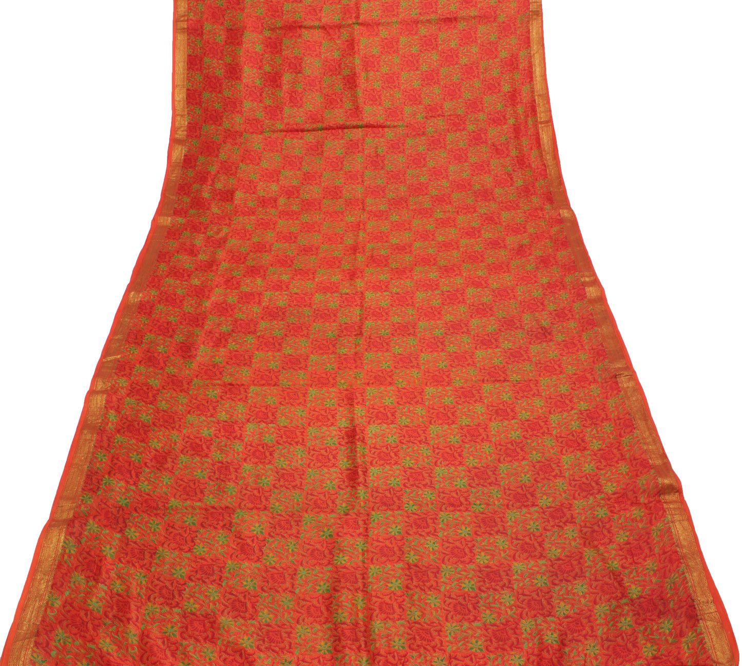 Sushila Vintage Orange Saree 100% Pure Silk Printed Floral Soft Craft Fabric