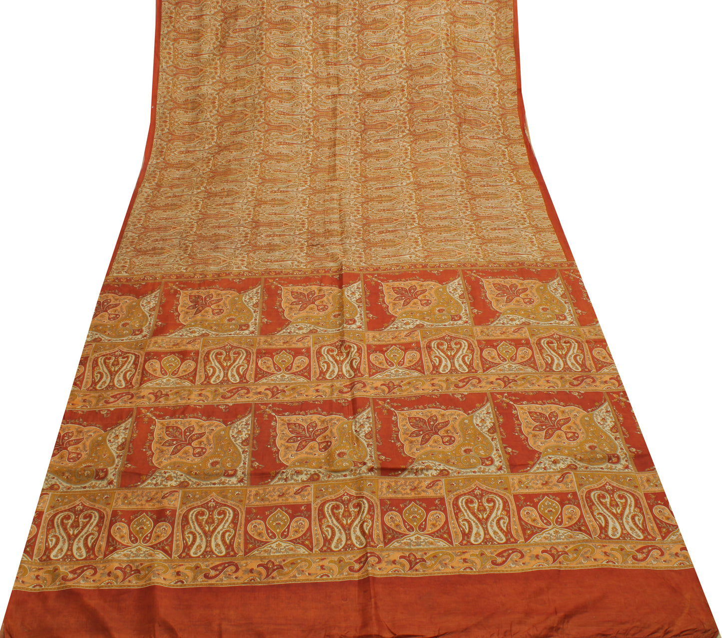 Sushila Vintage Cream Saree 100% Pure Silk Printed Paisley Soft Craft Fabric