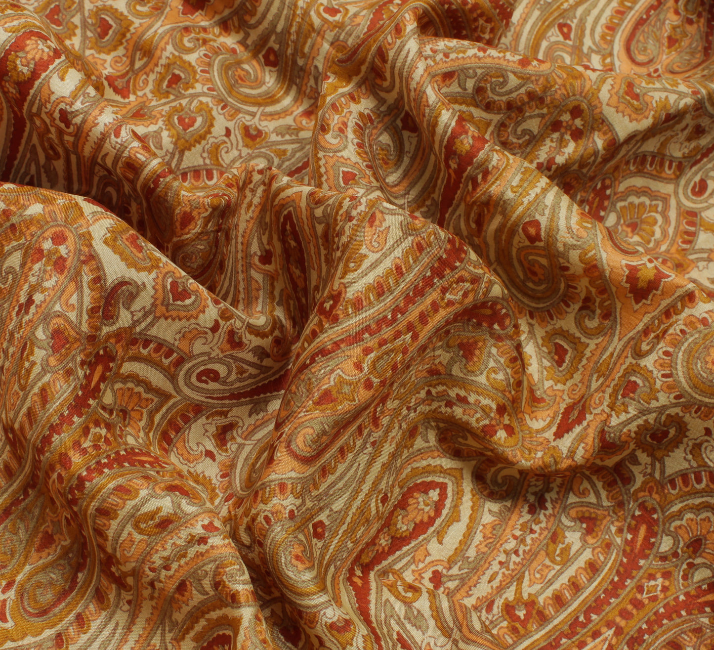 Sushila Vintage Cream Saree 100% Pure Silk Printed Paisley Soft Craft Fabric