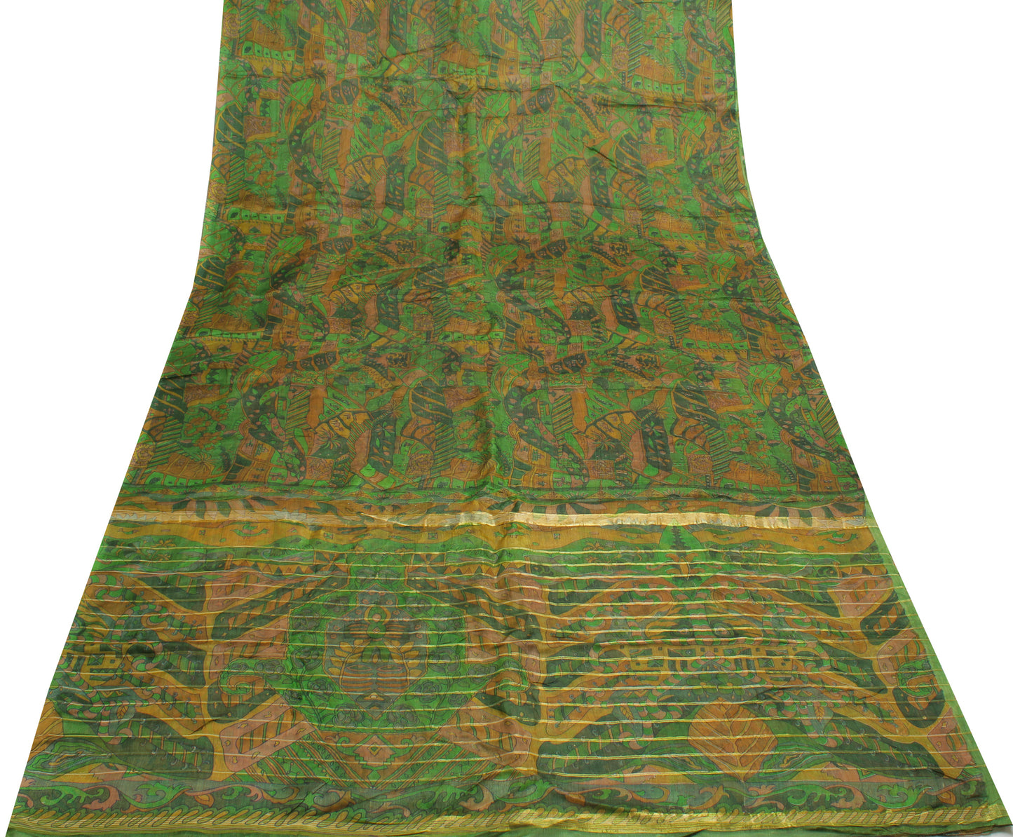 Sushila Vintage Green Saree 100% Pure Silk Printed & Woven Craft Sari Fabric