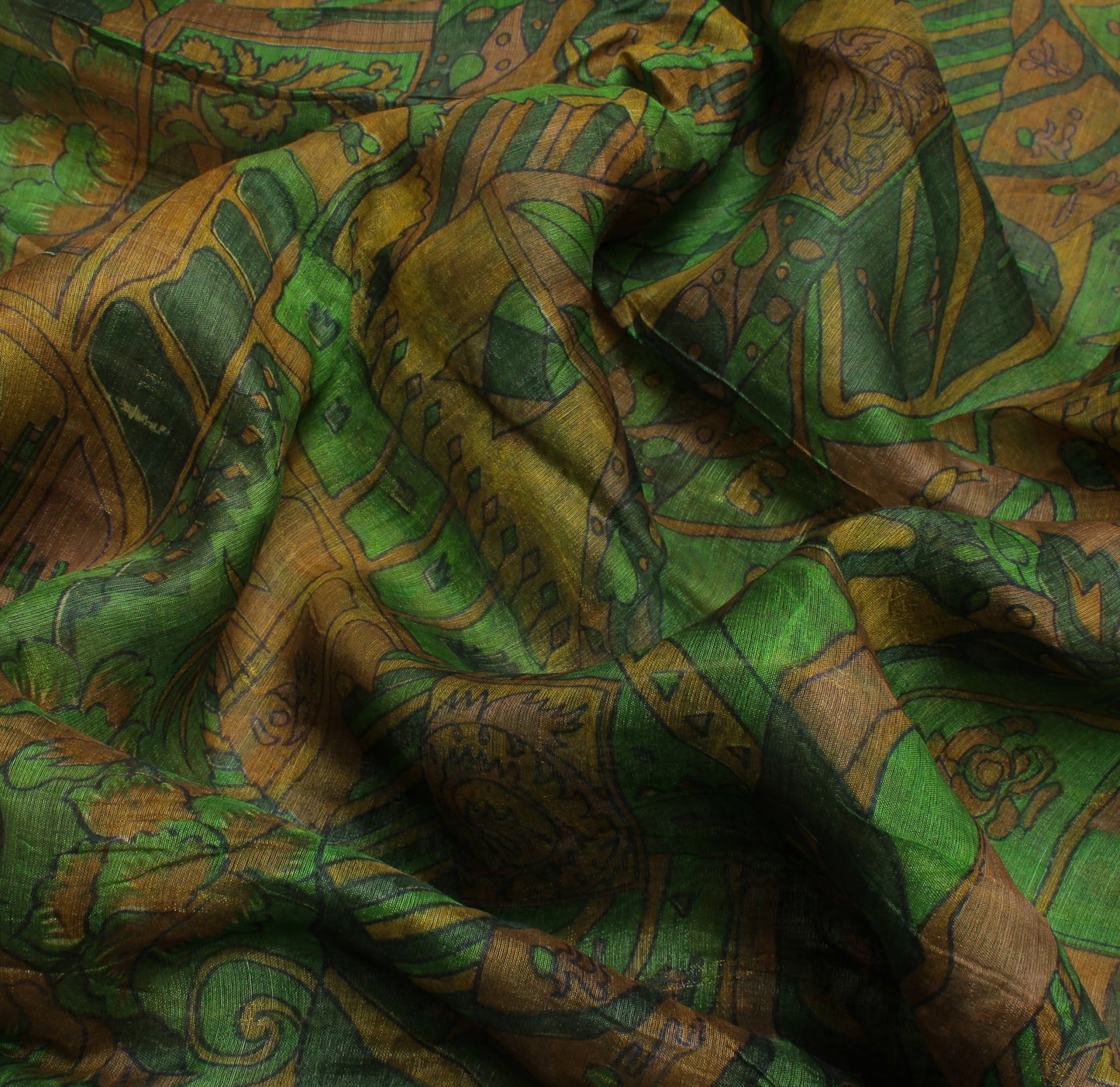 Sushila Vintage Green Saree 100% Pure Silk Printed & Woven Craft Sari Fabric