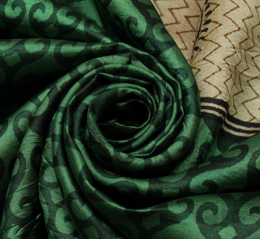 Sushila Vintage Green Saree 100% Pure Silk Printed Floral Soft Craft Sari Fabric