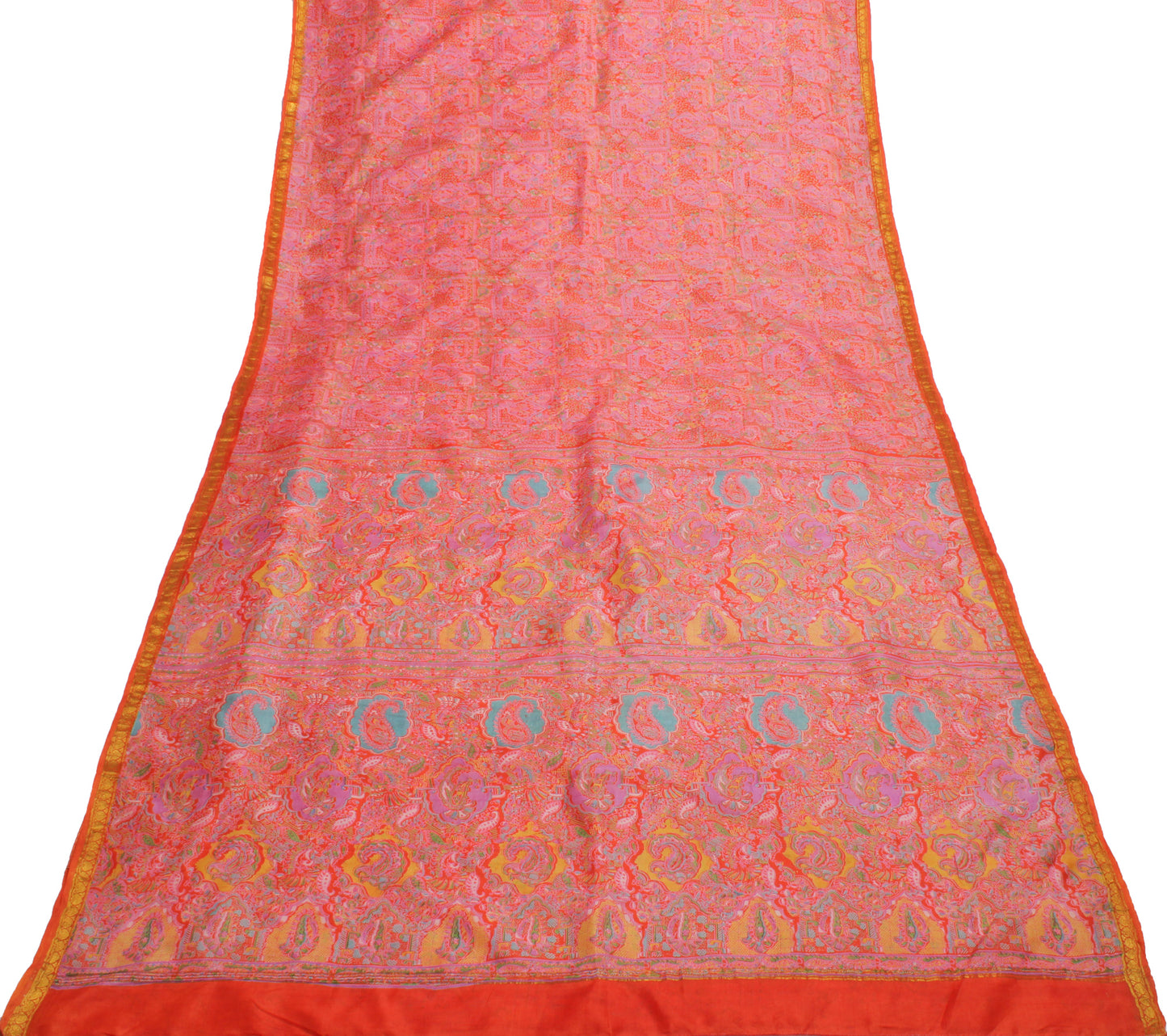 Sushila Vintage Orange Saree 100% Pure Silk Printed Soft Craft 5 Yard Fabric