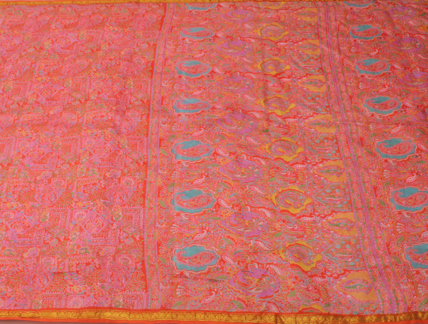 Sushila Vintage Orange Saree 100% Pure Silk Printed Soft Craft 5 Yard Fabric