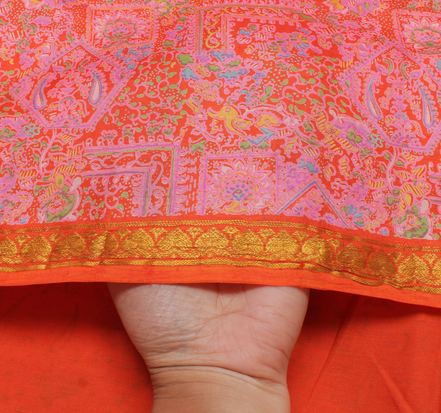 Sushila Vintage Orange Saree 100% Pure Silk Printed Soft Craft 5 Yard Fabric