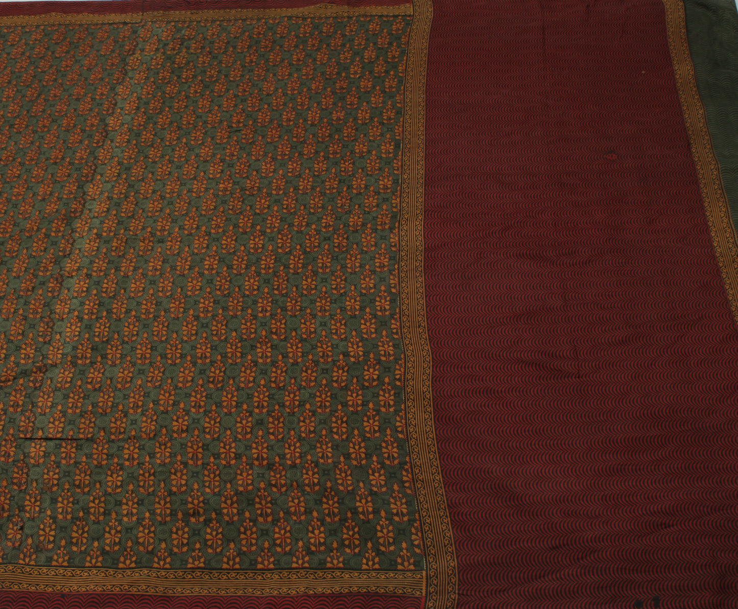 Sushila Vintage Green Saree 100% Pure Silk Printed Floral Soft Craft 5 YD Fabric