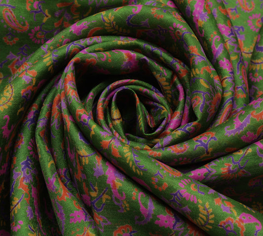 Sushila Vintage Green Saree 100% Pure Silk Printed Paisley Soft Craft Fabric