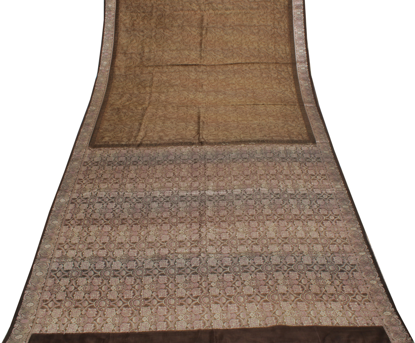 Sushila Vintage Brown Saree 100% Pure Silk Printed Floral Soft Craft Fabric