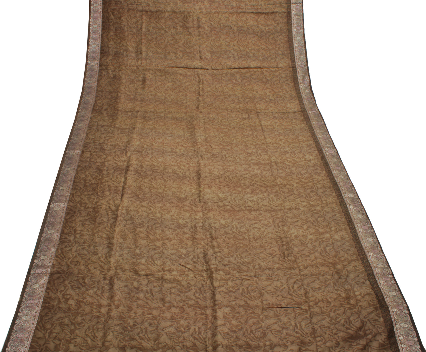 Sushila Vintage Brown Saree 100% Pure Silk Printed Floral Soft Craft Fabric