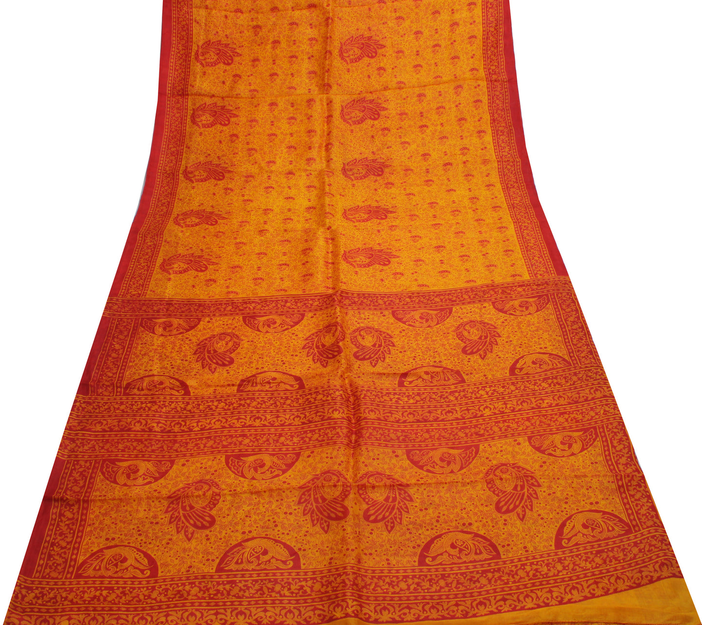 Sushila Vintage Yellow Saree 100% Pure Silk Printed Floral Soft Craft Fabric