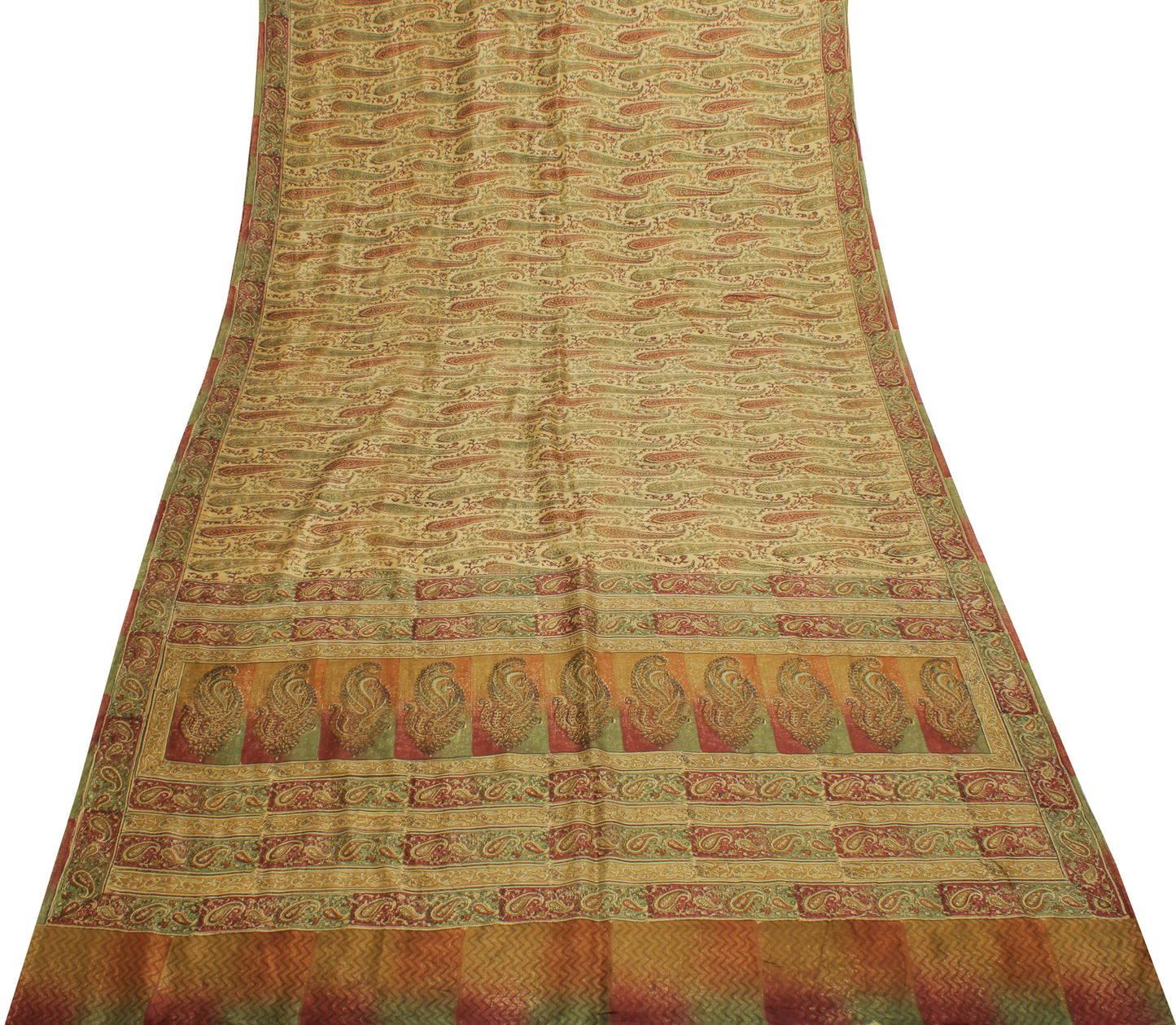 Sushila Vintage Cream Saree 100% Pure Silk Printed Paisley Soft Craft Fabric