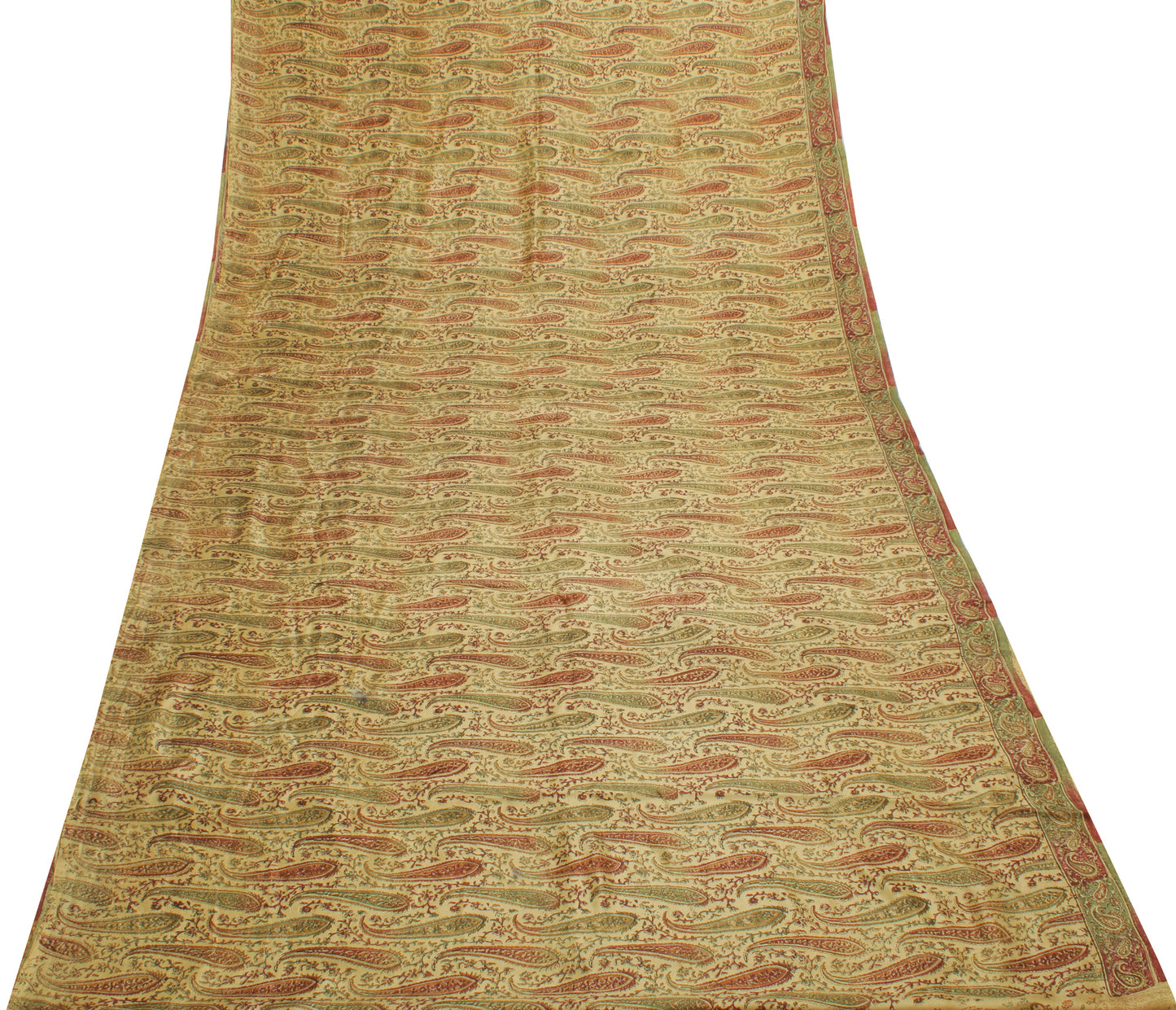 Sushila Vintage Cream Saree 100% Pure Silk Printed Paisley Soft Craft Fabric