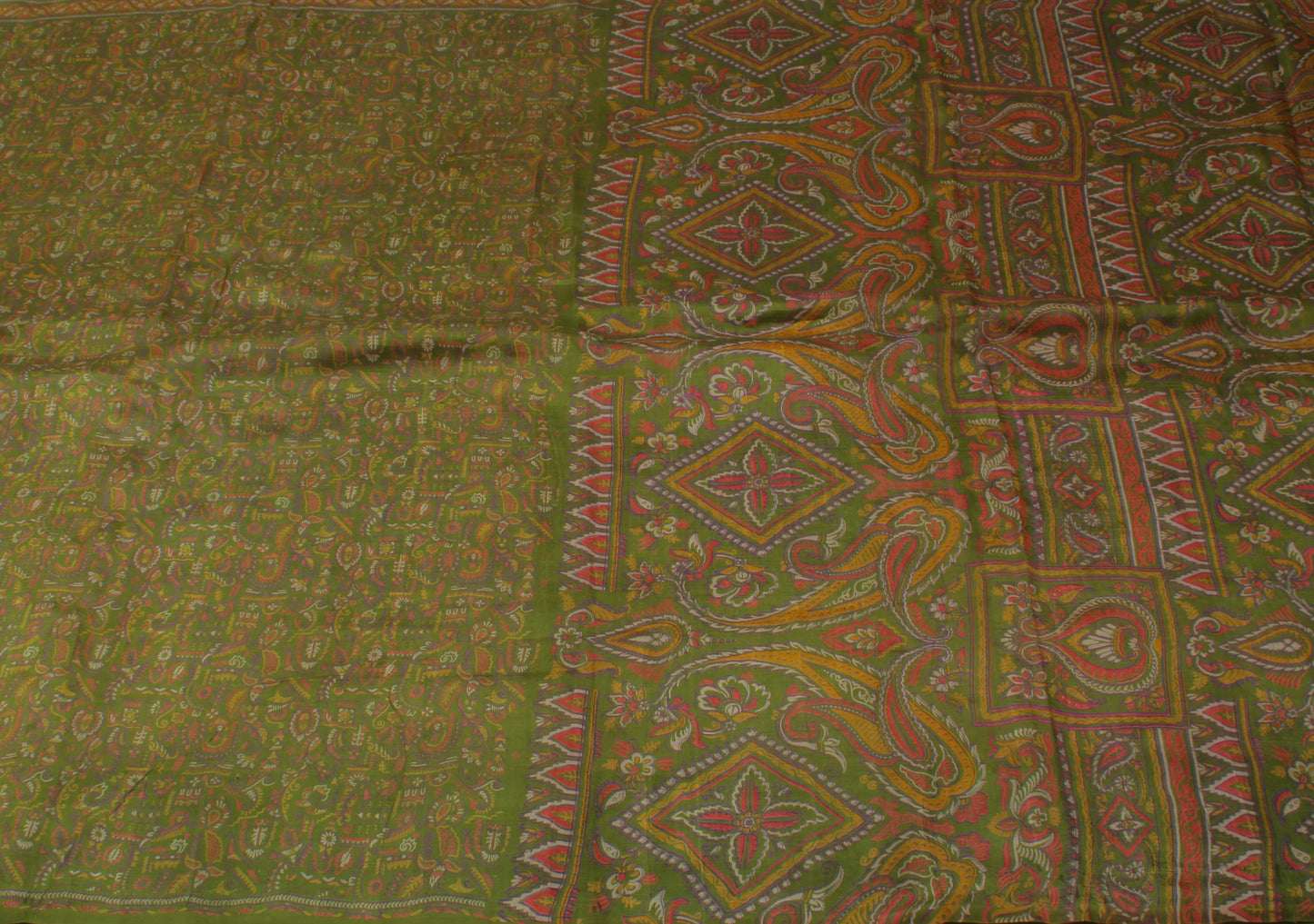 Sushila Vintage Green Saree 100% Pure Silk Printed Floral Craft Sari Fabric