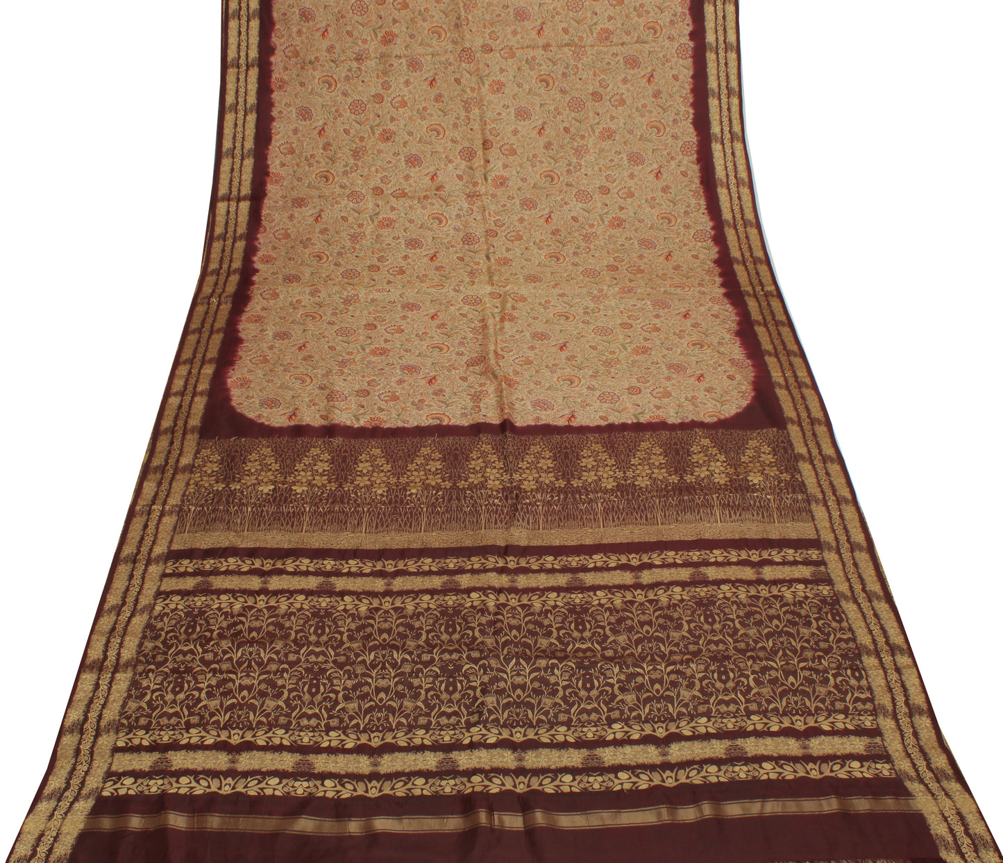 Sushila Vintage Light Brown Saree Pure Silk Printed Floral Soft Craft Fabric