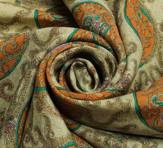 Sushila Vintage Cream Saree 100% Pure Silk Printed Paisley Soft Craft Fabric