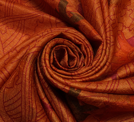 Sushila Vintage Rust Saree Blend Silk Printed Floral Soft Craft Sari Fabric