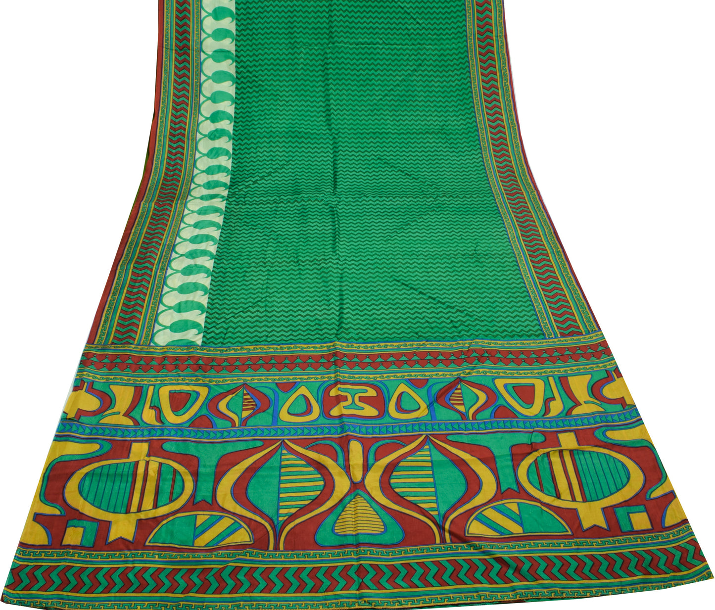 Sushila Vintage Green Saree 100% Pure Silk Printed Zig-Zag Soft Craft Fabric