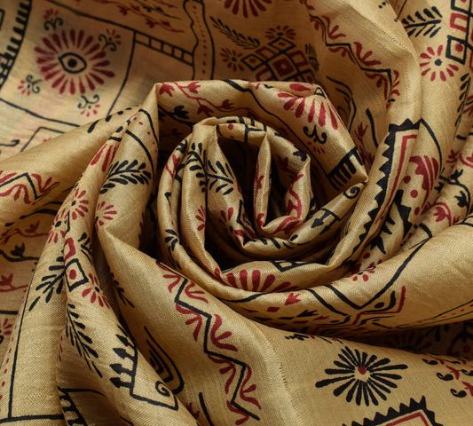 Sushila Vintage Light Brown Saree 100% Pure Silk Printed Soft Craft 5 YD Fabric