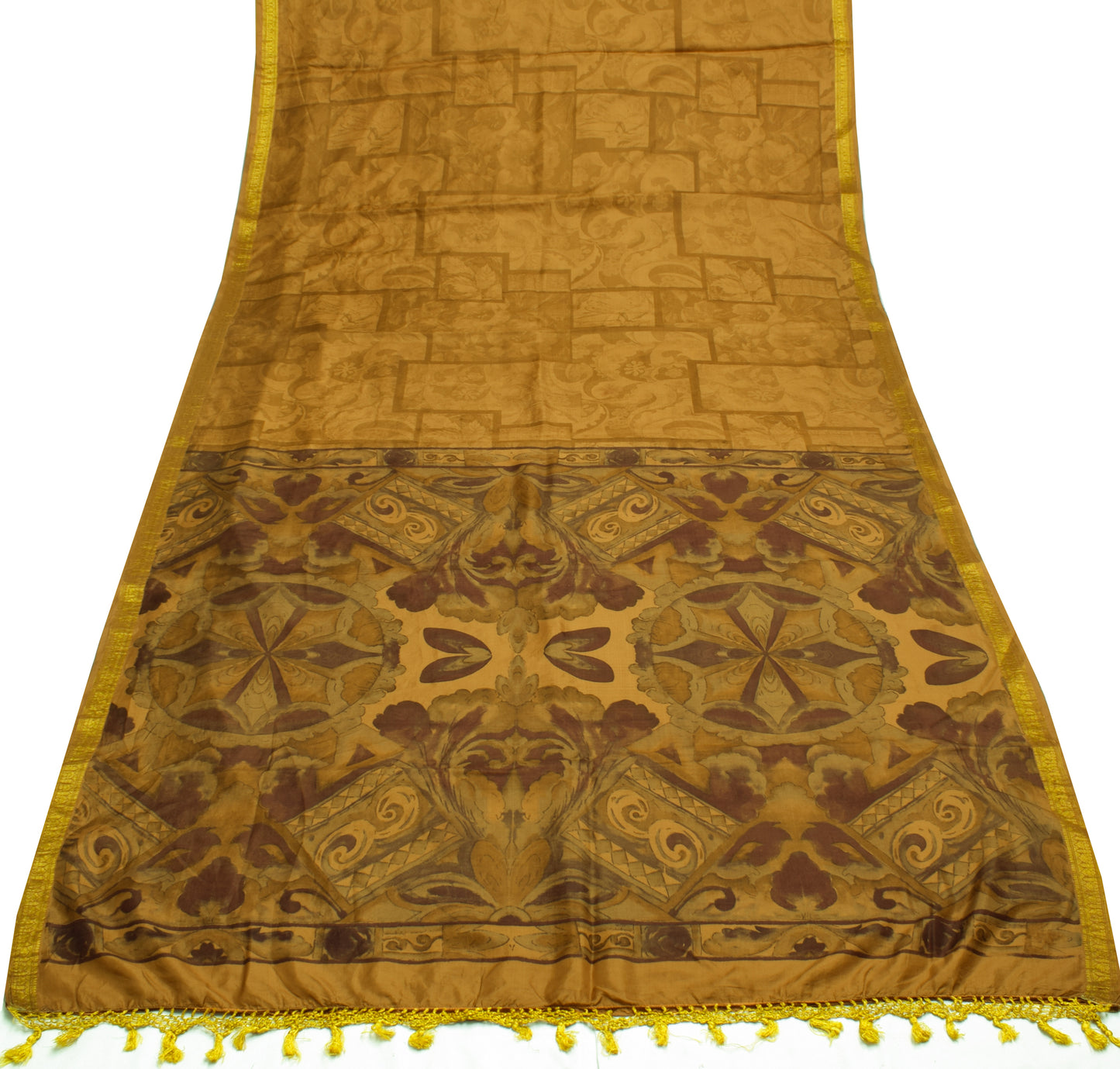 Sushila Vintage Brown Saree 100% Pure Silk Printed Soft Craft 5 Yard Sari Fabric