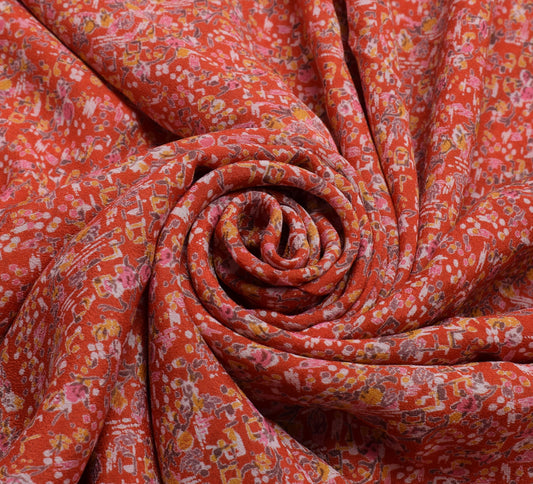 Sushila Vintage Orange Sari 100% Pure Georgette Silk Printed Floral Craft Fabric