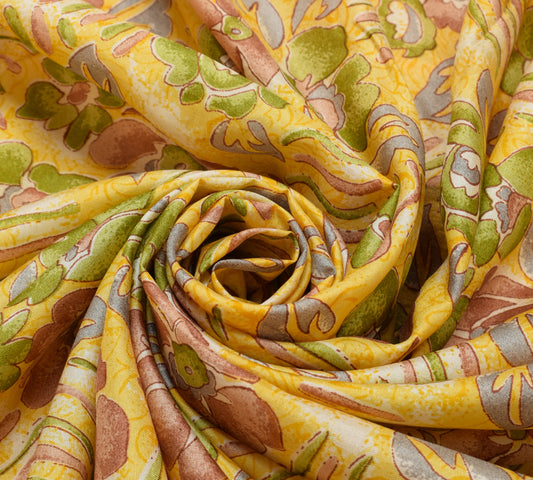 Sushila Vintage Yellow Saree 100% Pure Silk Printed Floral Soft Craft Fabric