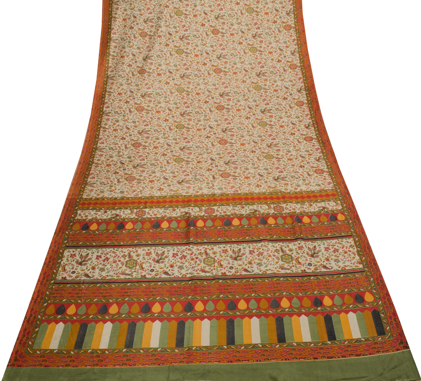 Sushila Vintage Indian Cream Saree Blend Silk Printed Floral Soft Craft Fabric