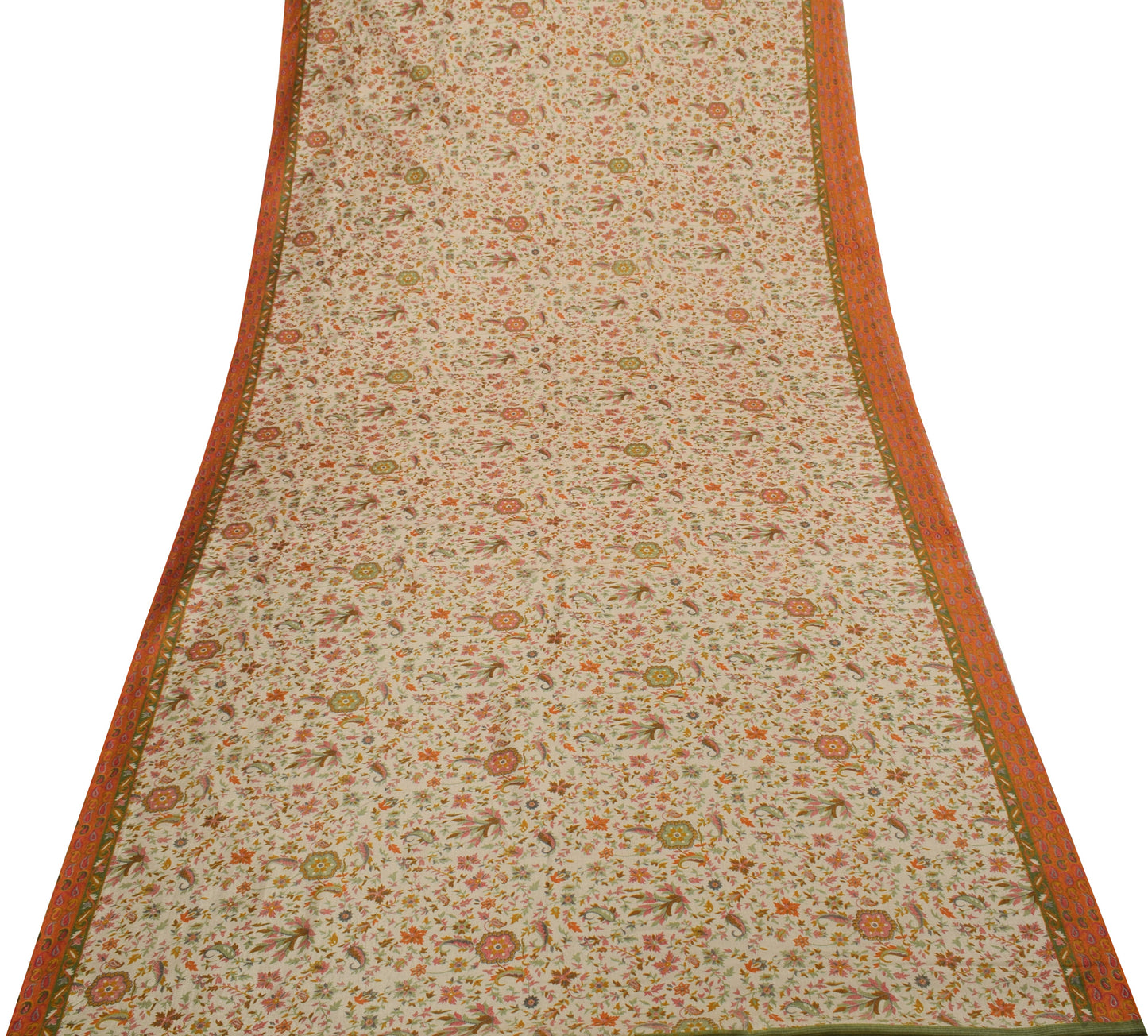 Sushila Vintage Indian Cream Saree Blend Silk Printed Floral Soft Craft Fabric